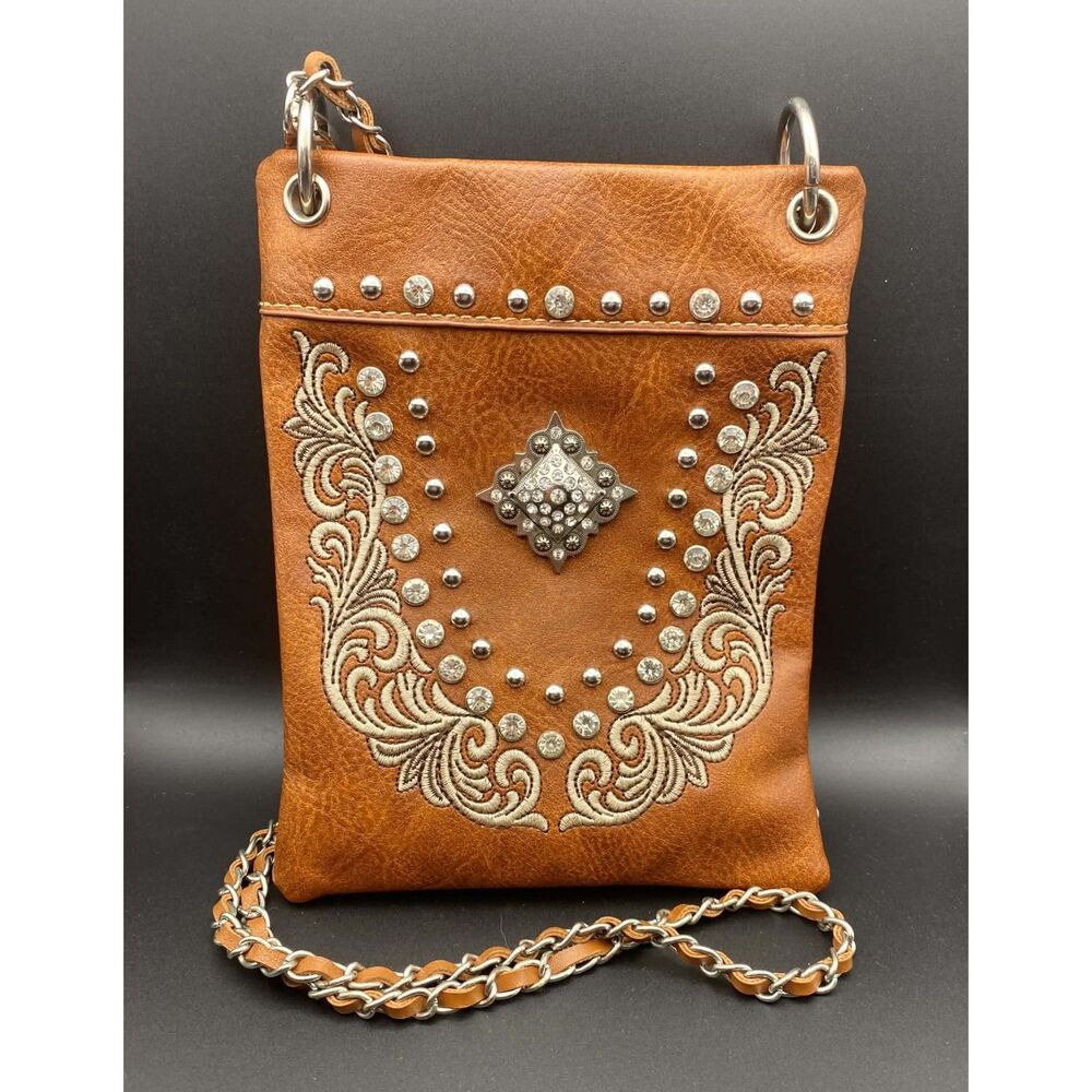 American Bling Western Tooled Look Brown Faux Leather Crossbody Shoulder Bag